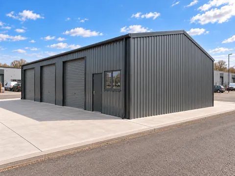 A dark clad steel framed unit seen from the side