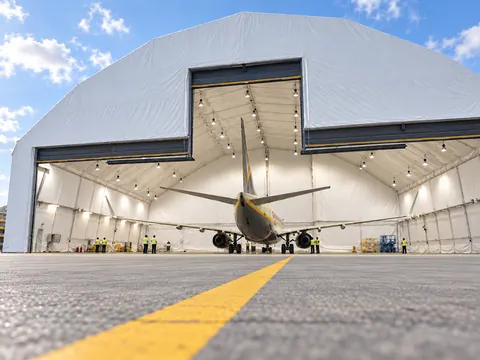 Looking into a clear span hangar with no internal columns