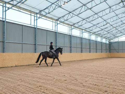 An indoor riding arena with a sand surface and daylight through the roof