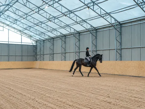 An indoor riding arena with timber kick boards around the perimeter
