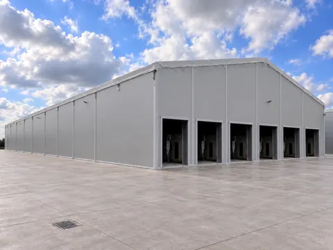 An insulated temporary building with a row of roller shutter doors