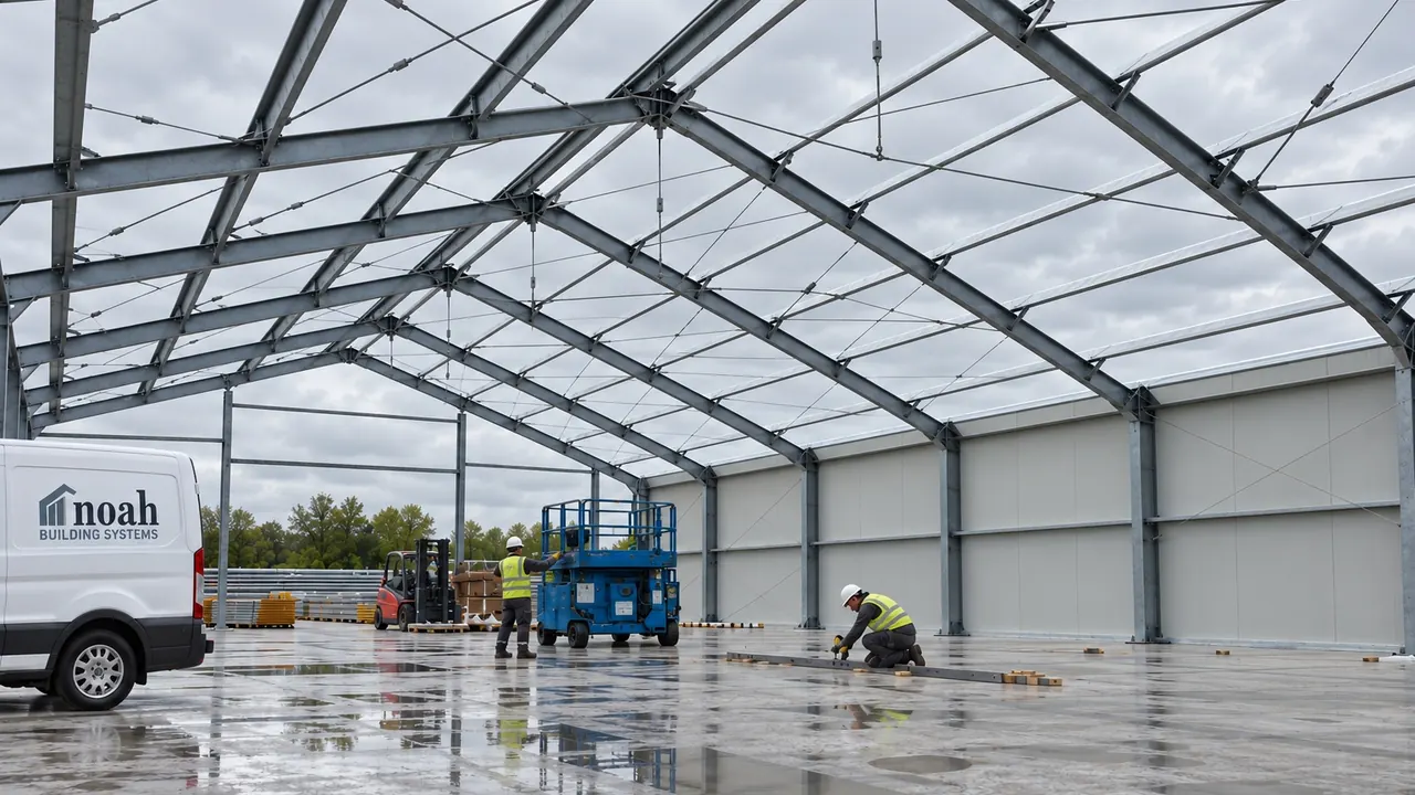 A Noah Building Systems van inside a steel frame during installation
