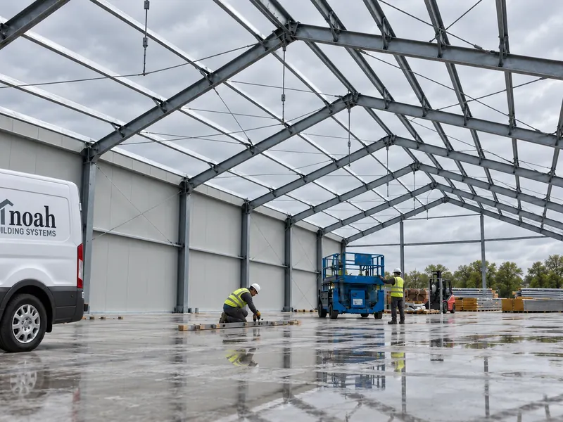 A steel-framed Noah building on a working site