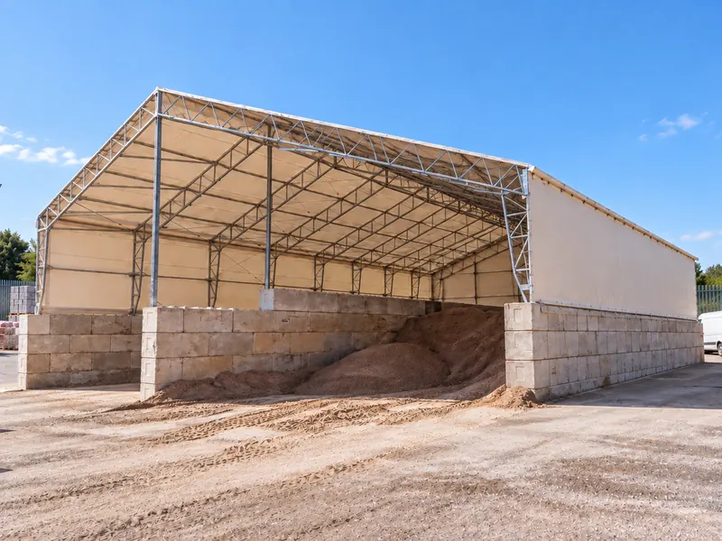 A white steel-framed temporary building with a PVC roof