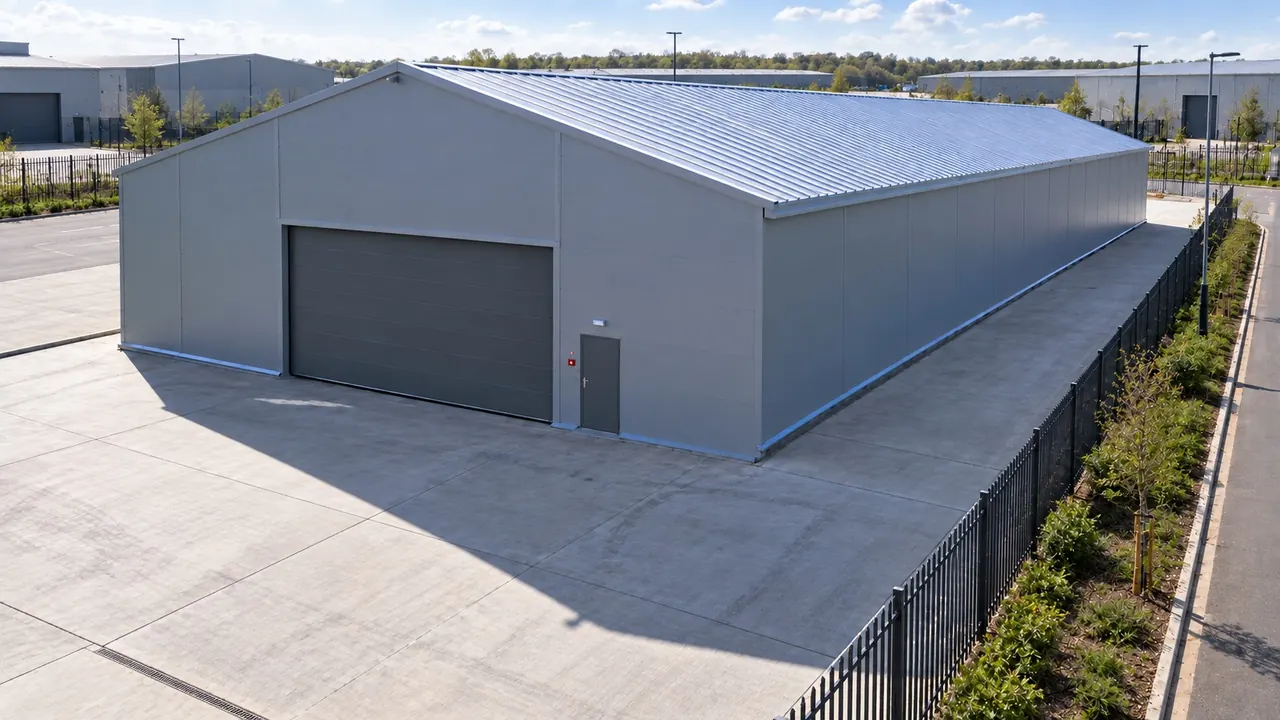 Aerial view of a building beside an operational site