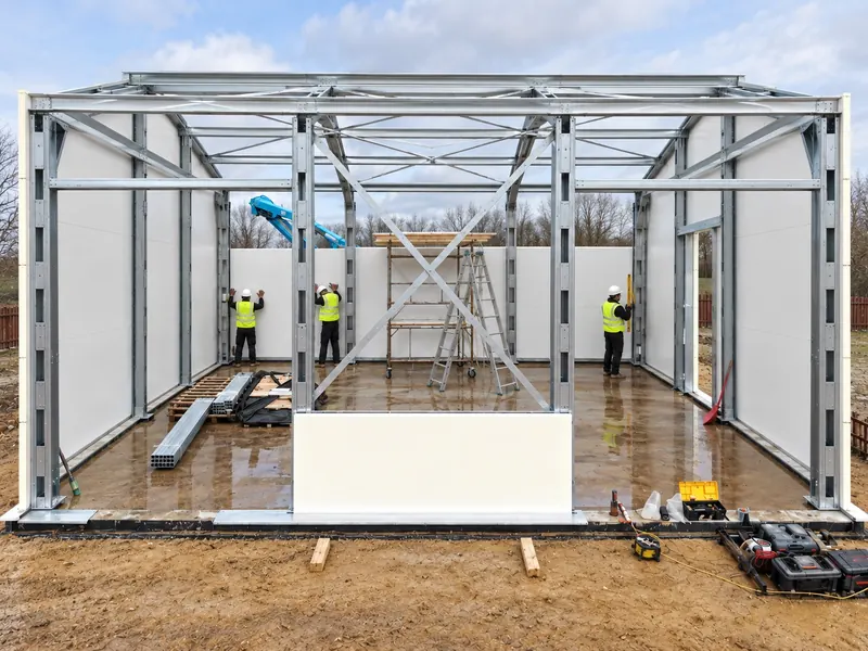 Galvanised steel frame sections ready for a temporary building