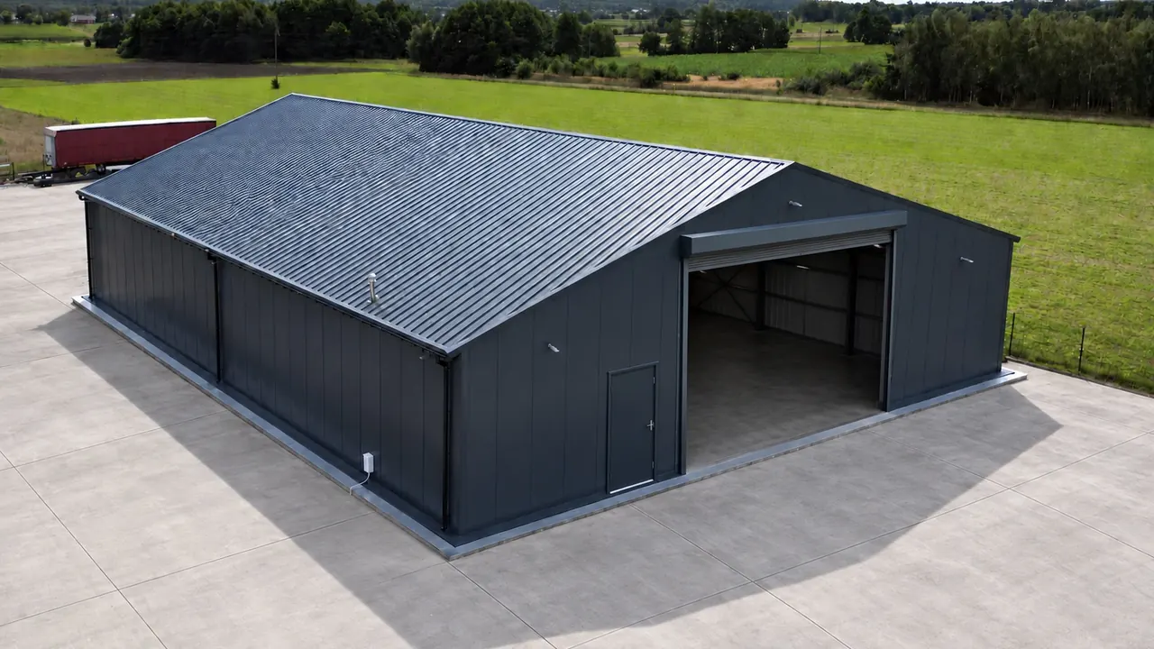 Aerial view of a commercial building with its access road