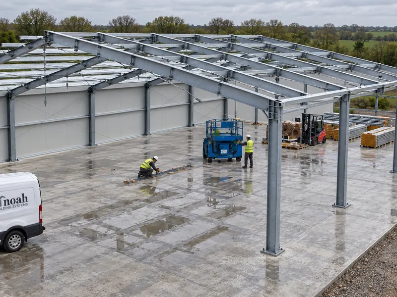A steel-framed Noah building on a working site
