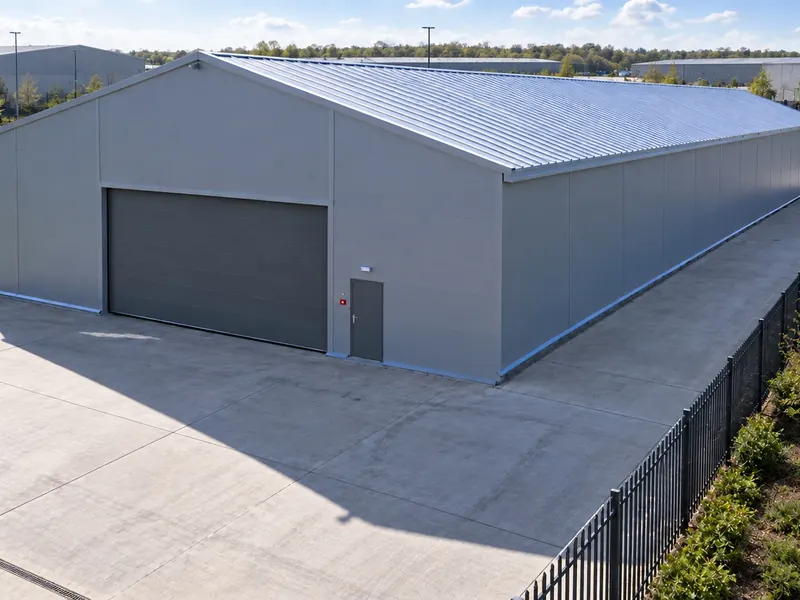 A steel-framed Noah building on a working site